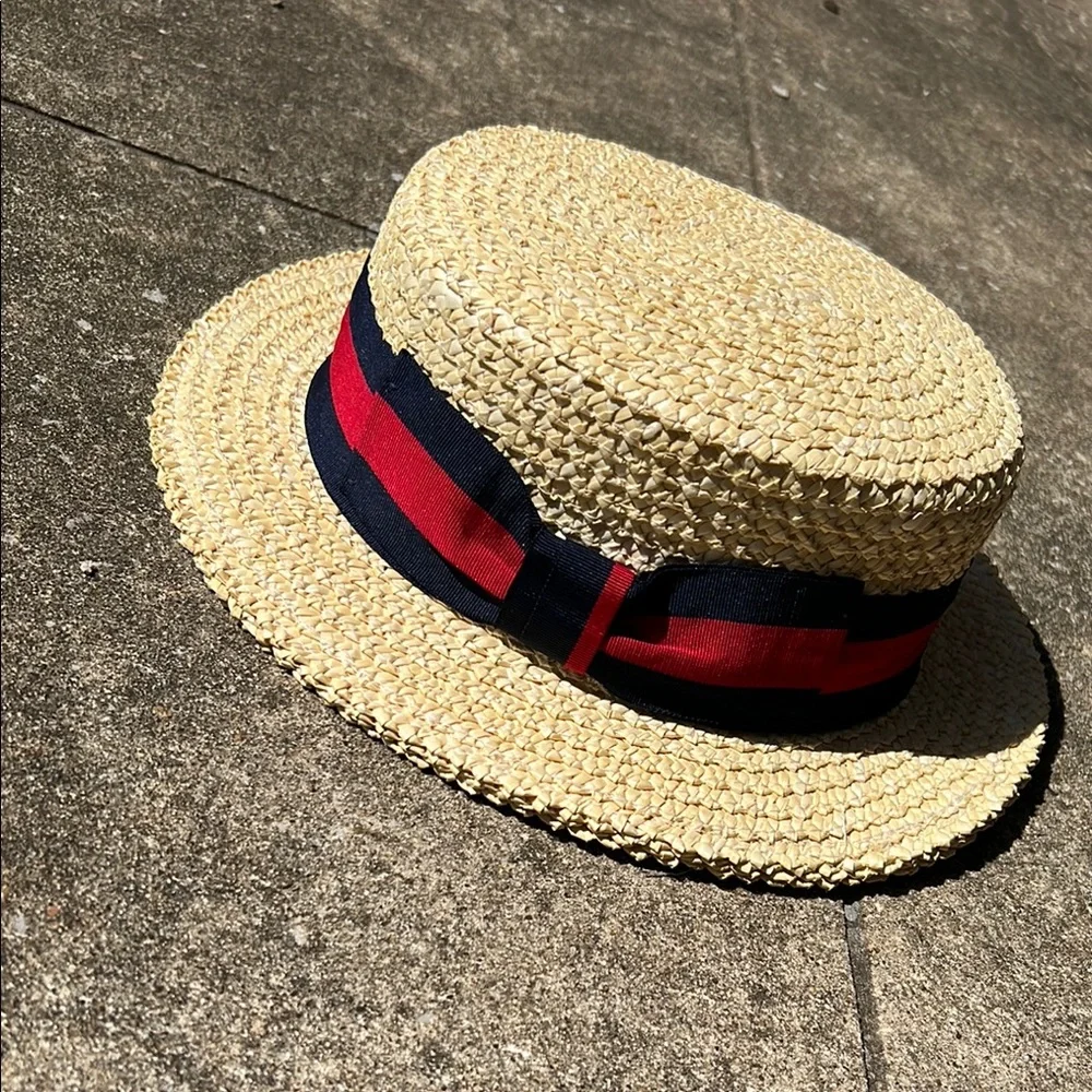 SCALA Straw Boater Hat with Red and Blue Ribbon - Picture 2 of 15